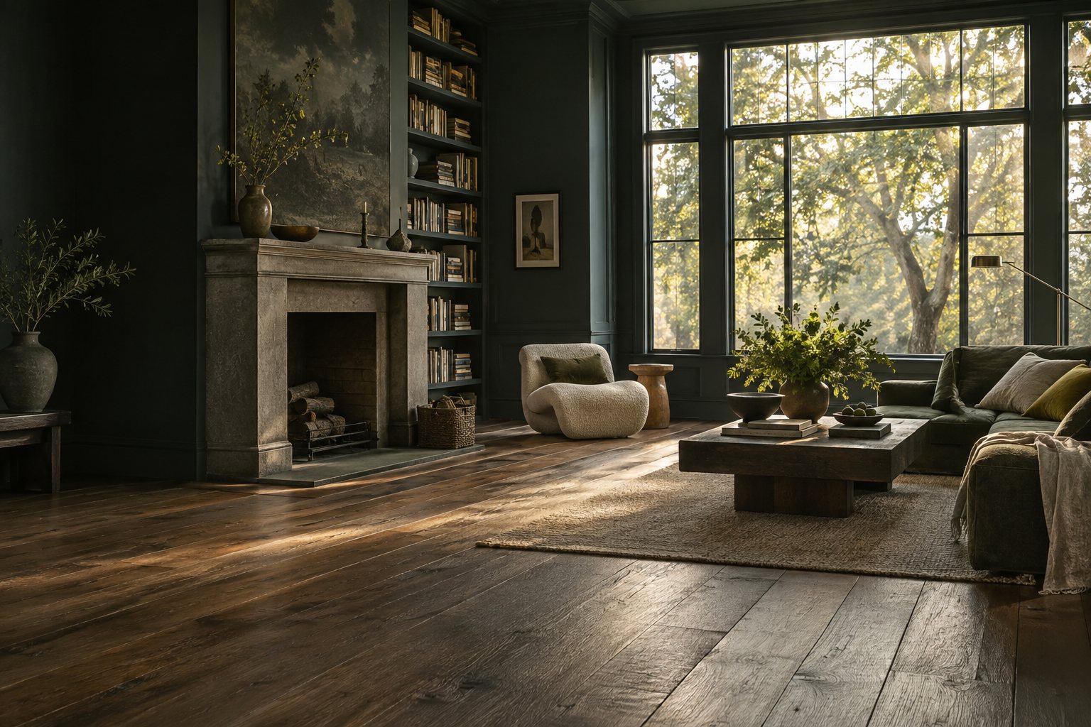 Deep green library with a smoked oak floor and sunlit windows
