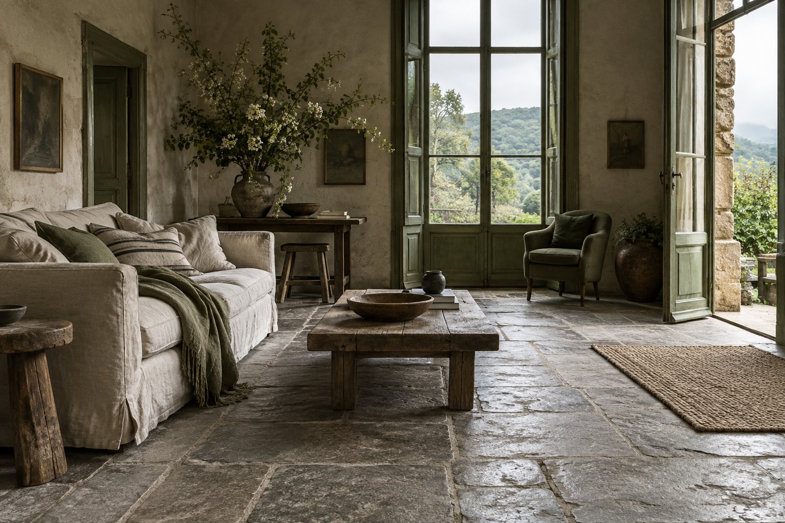 Honed limestone floor, linen sofa and green doors in a countryside sitting room