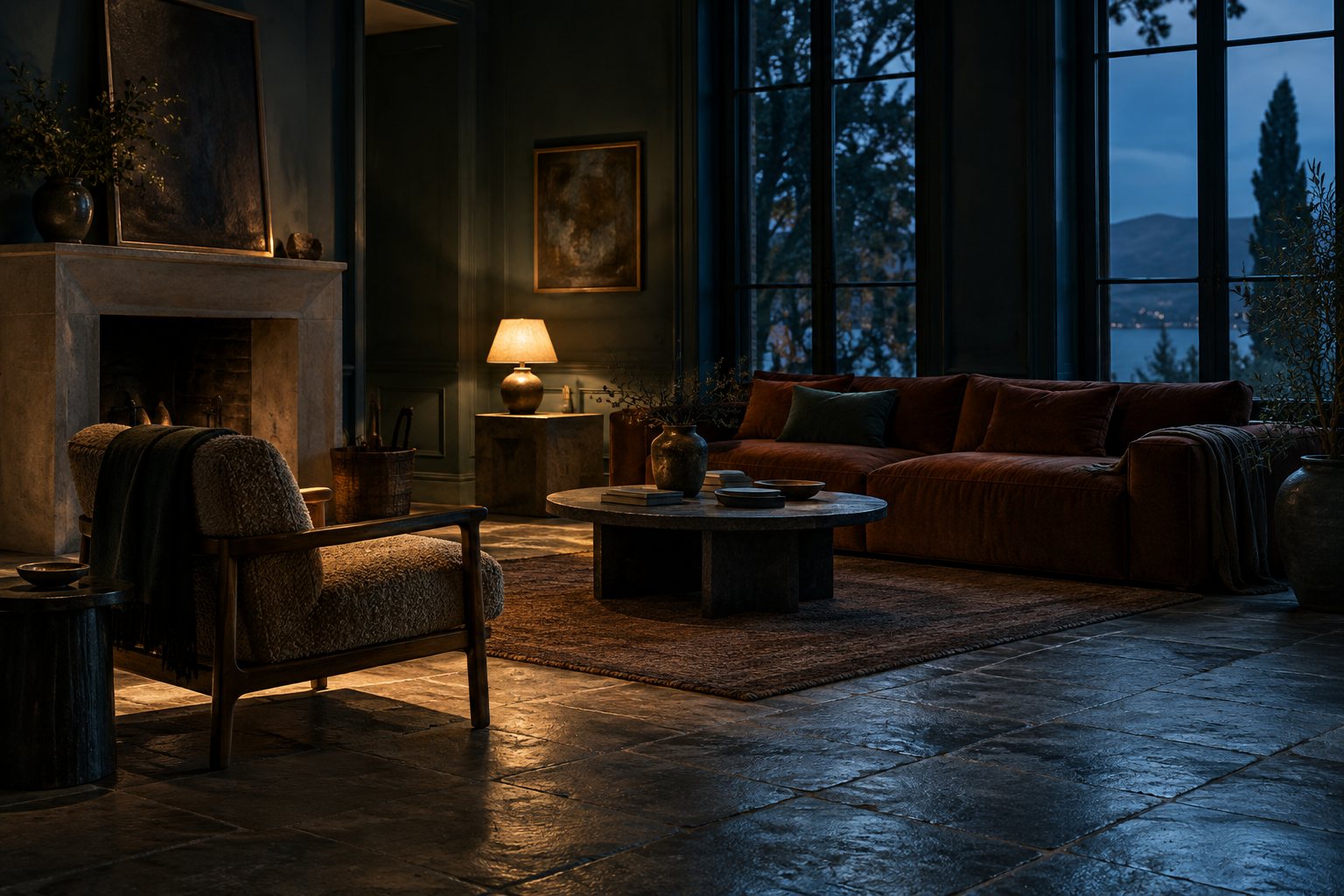 Dusk-blue living room with a stone floor and a low amber lamp