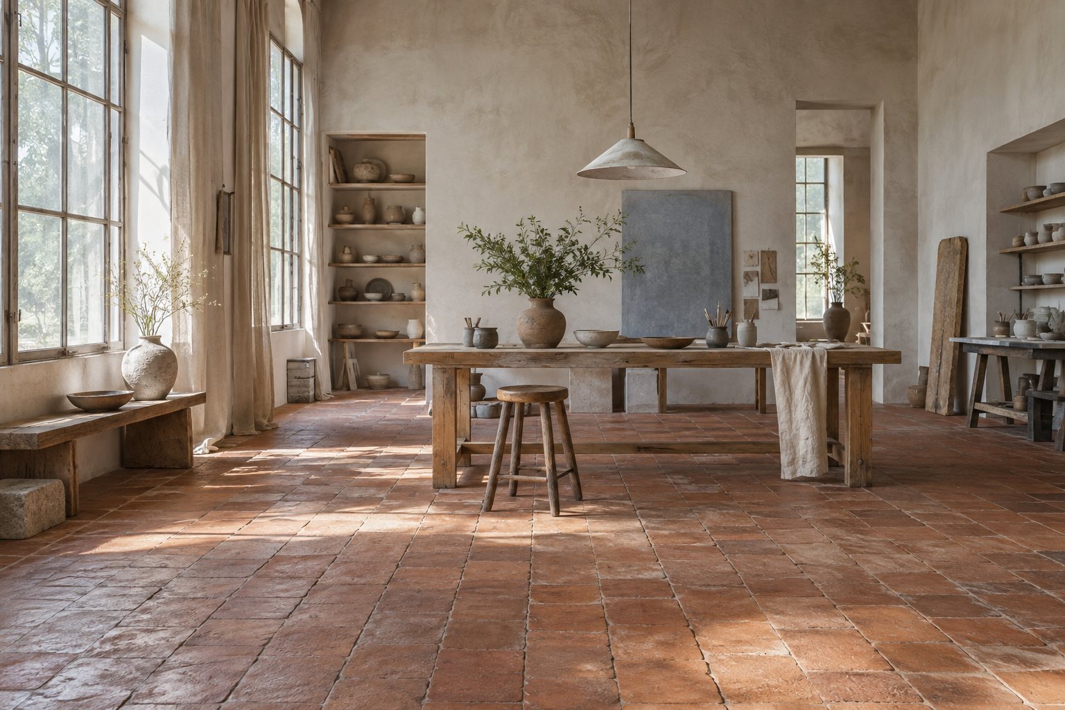 Terracotta tile floor and ash worktable in a light-filled atelier